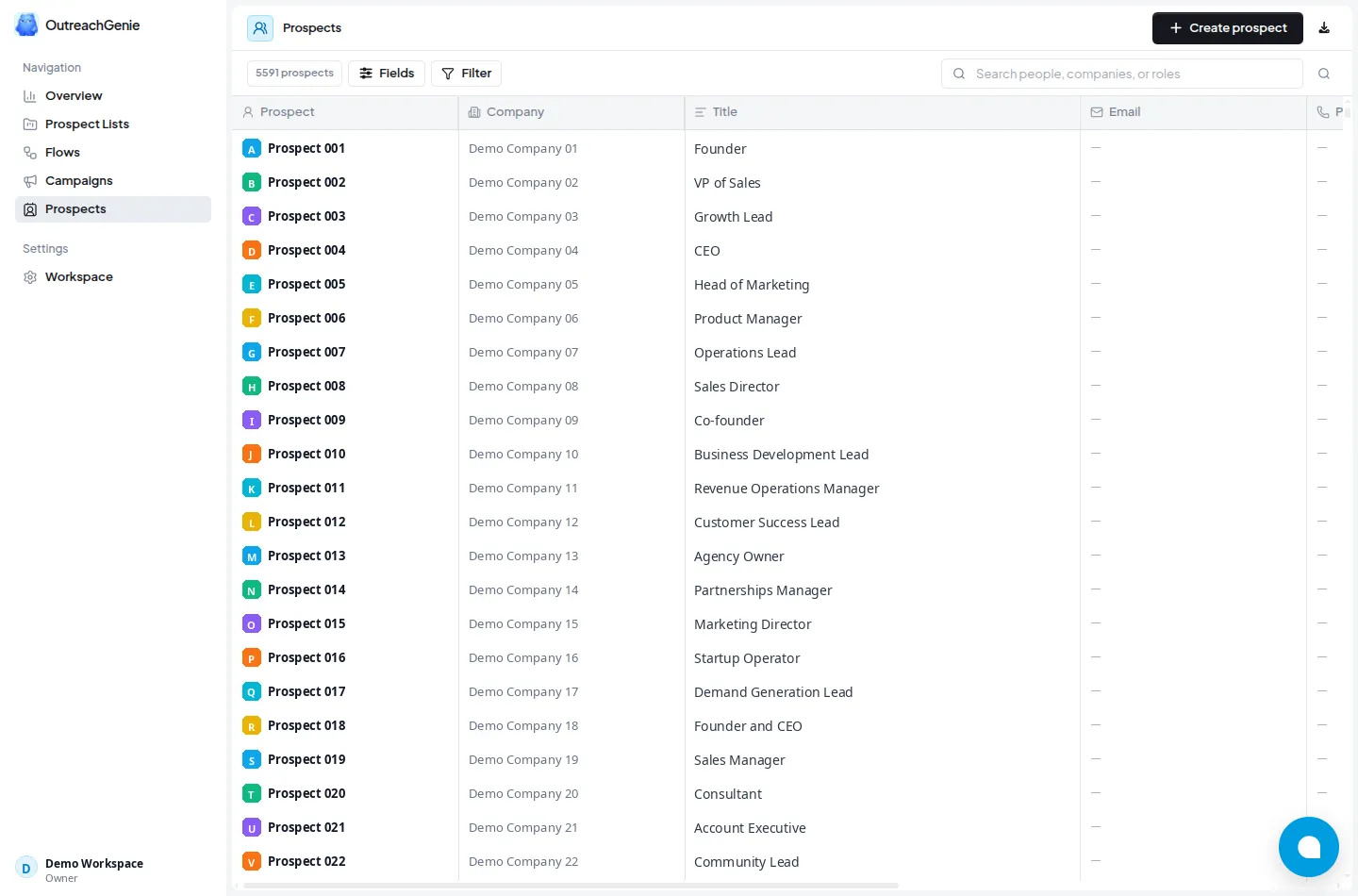 OutreachGenie prospects table with filters, custom fields, and LinkedIn actions