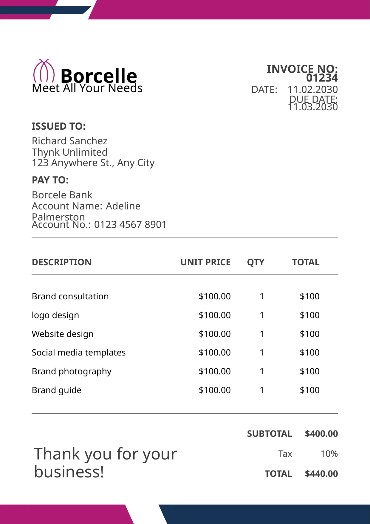 Borcelle magenta invoice template