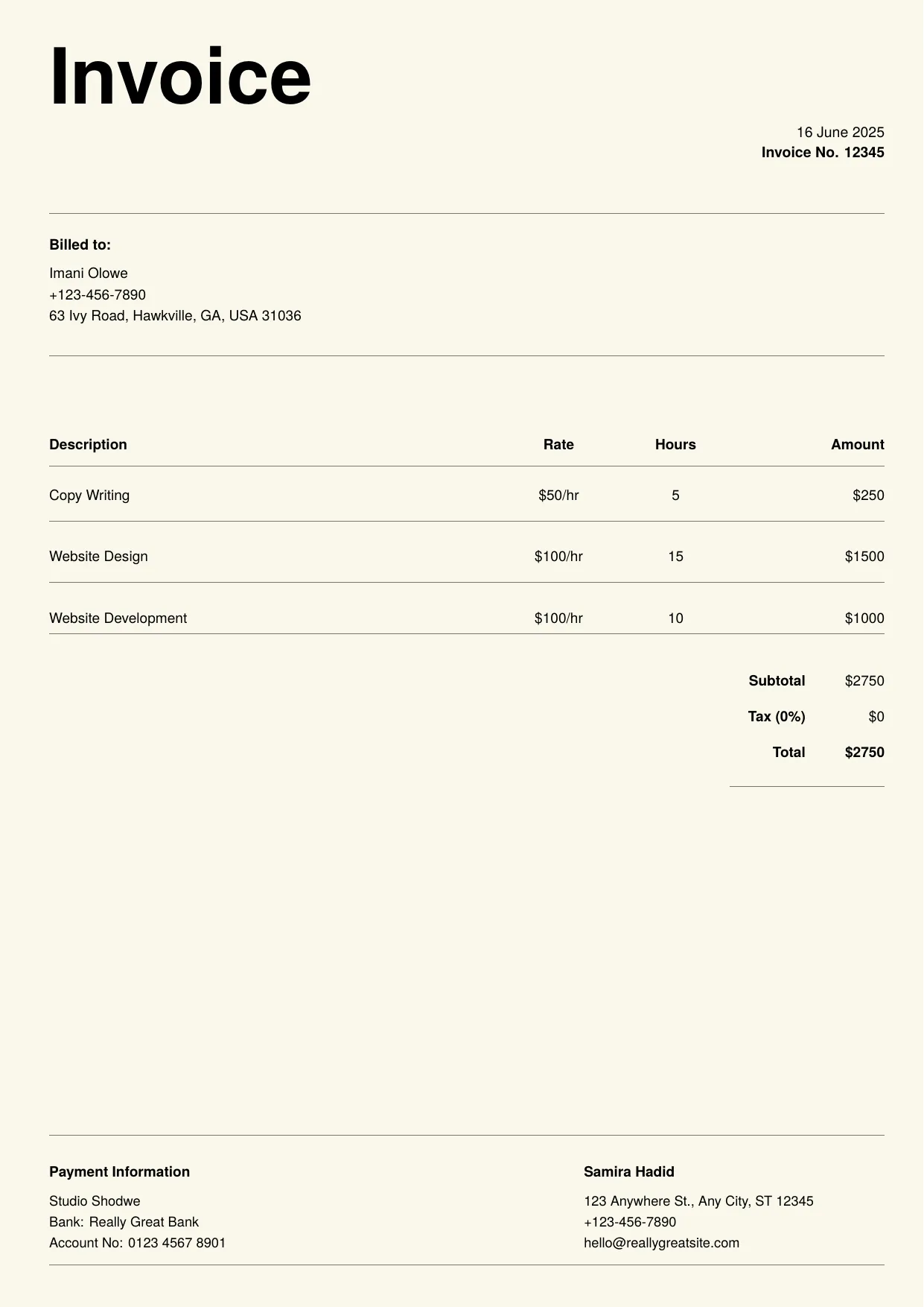 Cream hours invoice template